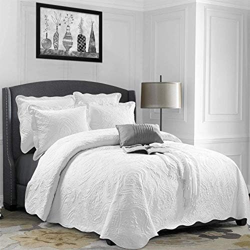 AMEHA White Quilted Bedspread Double Bed Throw 3 Pcs Bedding