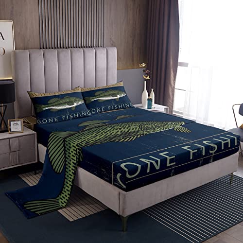 Juego de sanas de peces de lubina juego de sanas con temica de pesca en el lago para nis mujeres y hombres ultra suave rtico salvaje granja juego de cama vintage azul con bolsillo profundo sana baje