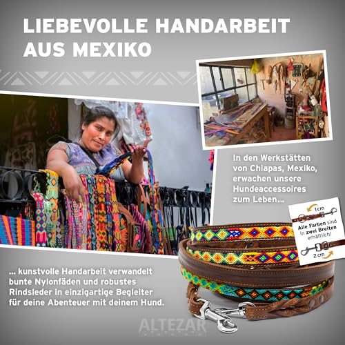 ALTEZAR Hundeleine Leder Breit Tribal Handgemacht in Mexiko für große Hunde Blau