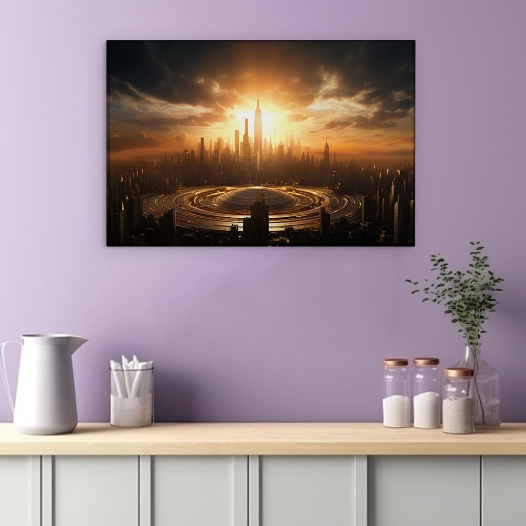Canvas for Living room. Golden Hour Majesty: A Serene Sunset Over the Urban Skyline, 27 x 18 inch Canvas Wall Art - Contemporary Masterpieces - Modern Home Decor