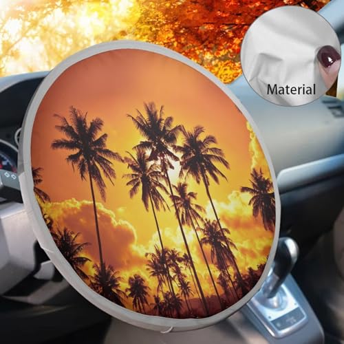Image of Coconut Tree Car Sun Shade for Car Steering Wheel Cover Foldable Anti Heat Automotive Steering Wheel Heat Shield Cover Easy Installation Universal Steering Wheel Shield