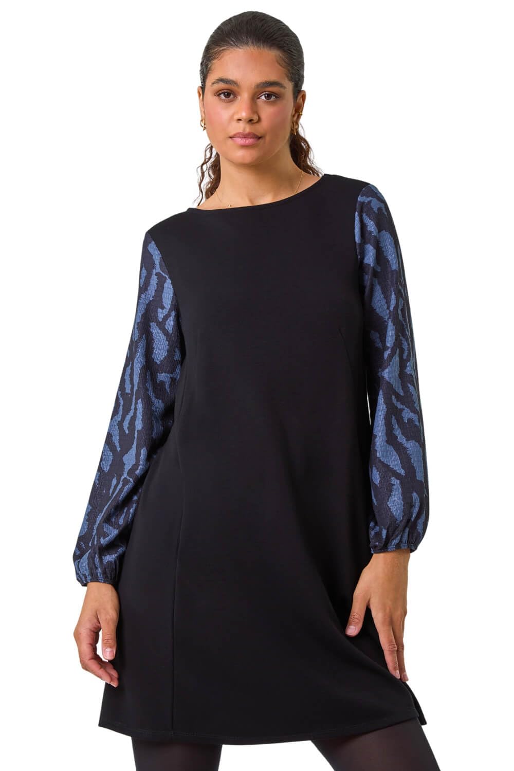 Roman Originals Women's Blue Contrast Sleeve A-Line Dress For Uk - Everyday Autumn Winter Round Neckline Comfy Soft Evening Vacation Work Party Night Out - Size 16