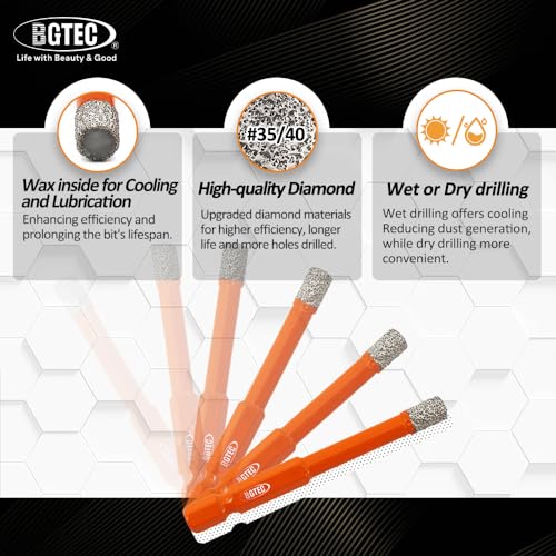 BGTEC Dry Diamond Drill Bits Set - Tile Drill Bit 6/6/6/6mm with Quick Change Hex Shank and 6mm Carbide Drill for Granite Marble Porcelain Ceramic,5pcs 2 BGTEC Dry Diamond Drill Bits Set - Tile Drill Bit 6/6/6/6mm with Quick Change Hex Shank and 6mm Carbide Drill for Granite Marble Porcelain Ceramic,5pcs - Image 2