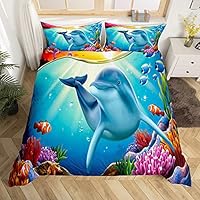Loussiesd Ocean Duvet Cover Cartoon Dolphin Fish Coral Bedding Set for Kids Boys Girls Sea Animal Print Comforter Cover Underwater World Bedspread Cover Bedroom Collection 2Pcs Single Size