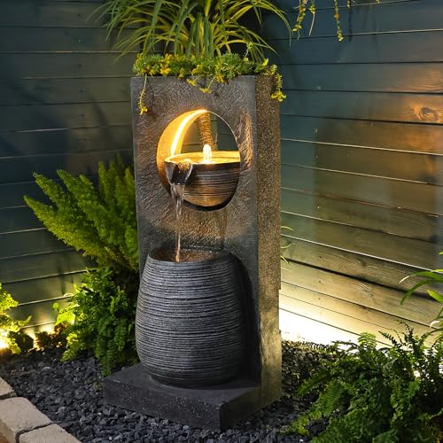 37.4’’ Tall Water Fountain Outdoor Modern Garden Fountains Layered Bowl Waterfall with LED Lights Top Planter Area for Garden, Patio, Yard, Office, Porch Home Art Decor