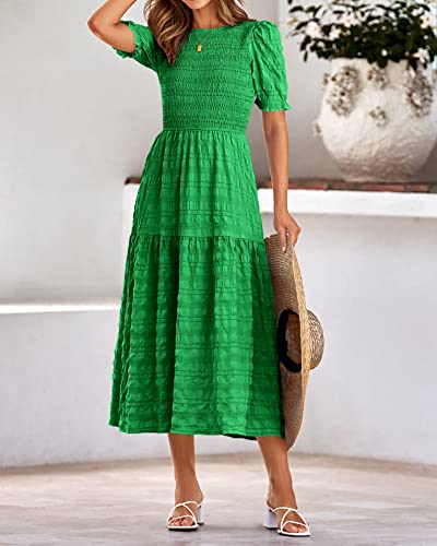 dowerme Womens Summer Dresses 2025 Casual Puff Short Sleeve Crewneck Smocked Flowy Ruffle Boho Beach Party Maxi Sundress(Green,X-Large) — view 6