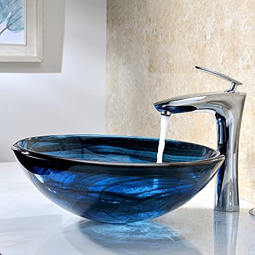 Anzzi Soave Modern Tempered Glass Vessel Bowl Sink In Sapphire Wisp | Blue Top Mount Bathroom Sinks Above Counter | Round Vanity Countertop Sink Bowl With Pop Up Drain | Ls-Az048 #TOP1