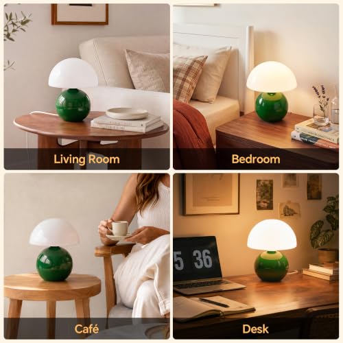 Image of Dawnwake Mushroom Lamp Table Lamp for Bedroom-Small Table Lamps,Dark Green | 8.7 inch Mid Century Modern Table Lamps for Living Room Bedroom Decor,Cute Ceramic Lamps for Mushroom Home Room Decor,Glass Shade