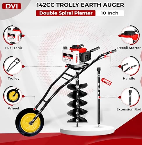 Image of DVI 142CC Trolley Earth Auger Machine, 4-Stroke Petrol Engine - with 10 Inch Double Spiral Planter Bits & Free Extension Rod | for Plantation, Fencing & Post Hole Digging in All Soil Types.