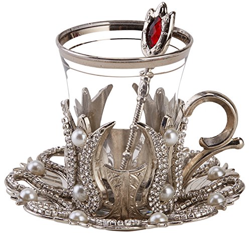 Set of 6 Turkish Style Tea Glasses with Brass Holder Saucer and Spoons Set Silver Plated 24 Pieces