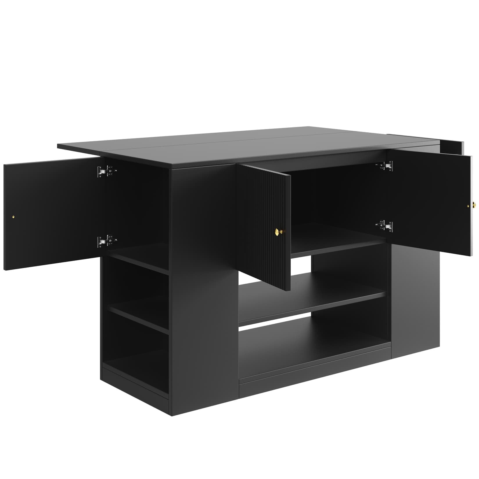 PUGSDRLY Îlot de Cuisine Moderne avec Plateau de Table Pliable,Buffet Meubles de Rangement pour Cuisine et Salle à Manger,3 Portes,2 Tiroirs et Compartiment Ouvert,140x40/70x90cm,Noir