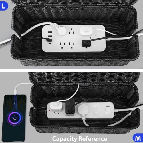 Image of ZhiYo Rattan Cable Management Box, Black Desk Cord Organizer, 2 Pack (M&L)