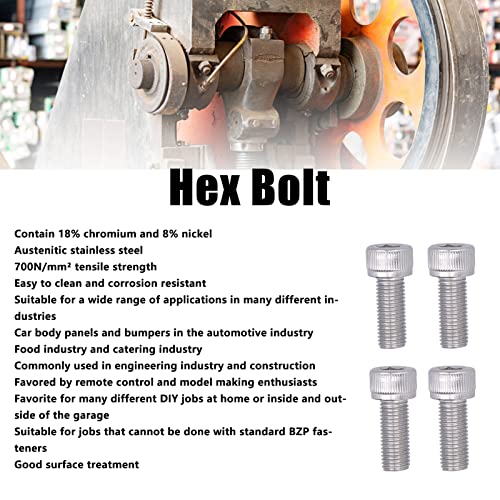 Image of Hex Bolt, 1.25mm Fine Pitch M10 4Pcs Socket Screw Bright Finish -70 Stainless Steel for Construction for DIY Jobs for Automotive Industry(M10*25)