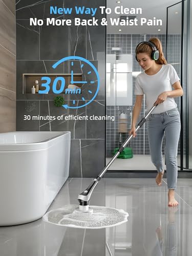 Emete ESB-202 Electric Spin Scrubber,Cordless Shower Scrubber With Power Display Screen,Ip68 Waterproof Bath Cleaning Brush,Adjustable Extension Handle & 2 Speeds,Electric Cleaning Brush thumb #1