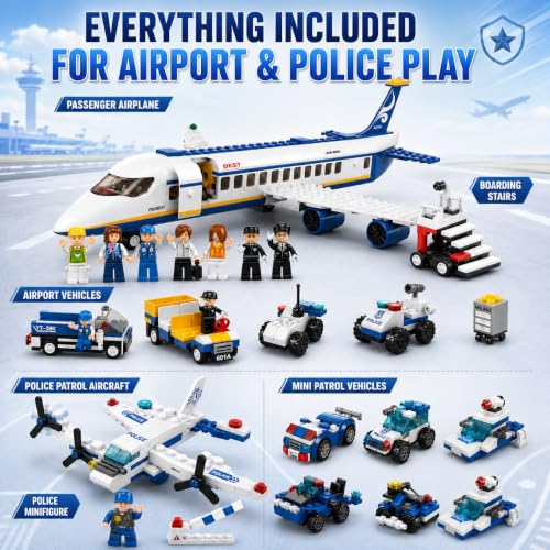 Image of SKY LINE OCEAN Police Patrol & Airport Adventure Building Block Combo Set, 600+ PCS Police Car Construction Kit & Passenger Airplane Airport Playset, STEM Educational, 5-Year Structural Warranty