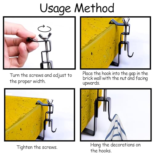 Image of 12PCS Stainless Steel Brick Hooks Clips for Outdoors - Adjustable 1.75 inch-2.8 inch - 2024 Upgraded - No Drill, No Holes, No Nails, No Screws - Brick Hangers for Easy Hanging on Brick Walls.