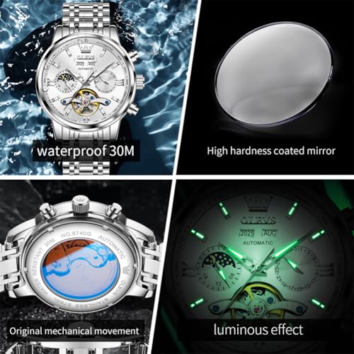 Image of OLEVS Automatic Watches for Men Luxury Skeleton Multi-Function Mechanical Watch Self Winding Date Waterproof Luminous Mens Watch