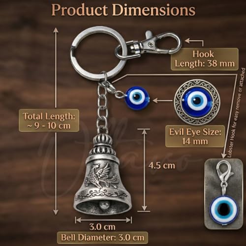 Image of OTTAVO Premium Guardian Bell Keychain for Bike & Car | Tibetan Texture Bell Keychain with Evil Eye & Silver Hook | Good Luck Charm with Laser-Engraved Wooden Gift Box