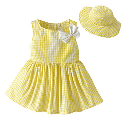 Toddler Girls Casual Plaid Dress Kids Back Button Up Sleeveless Summer Cute Bow Princess Dress+Hat Outfit 1-5T (Yellow, 12-18 Months)