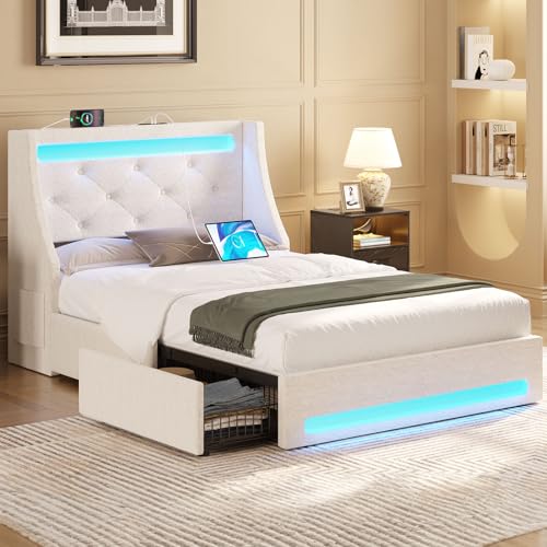 Image of Rolanstar Twin Bed Frame with LED Lights and Charging Station, Upholstered Bed with Drawers, Wooden Slats, Noise Free, Easy Assembly, Beige
