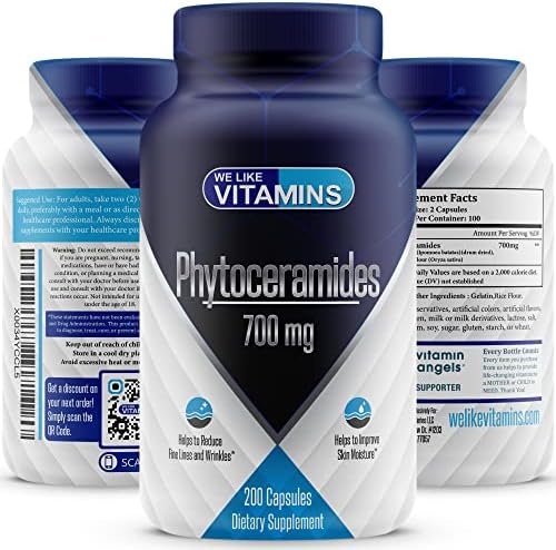 We Like Vitamins Phytoceramides 700mg - 200 Capsules All Natural Wheat Free and Plant Based - Phytoceramide Supplement - 700 mg per Serving - Skin Hydration, Repair, Rejuvination.