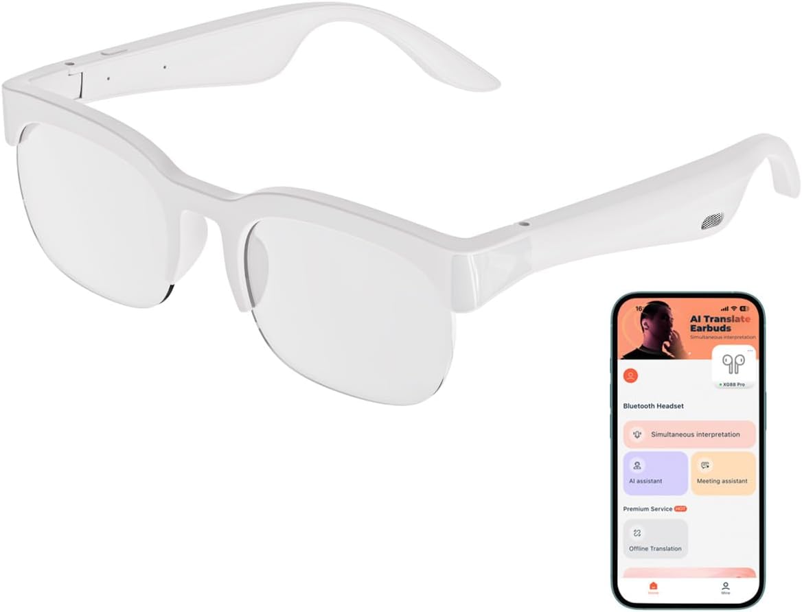 Ai Translator Glasses,Translator Smart Glasses, AI Translator Powered by GPT,Music Bluetooth Sunglasses, Supports 100+ Languages for Traveling (White Glasses AI)