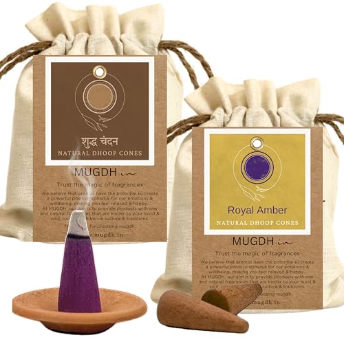 Image of Mugdh Natural Incense Cones Combo - Chandan & Amber | Bambooless, Low Smoke, Charcoal Free Dhoop Cones | 80 Organic dhoop batti | Free Cotton Potli & Dhoop Stand | Home Fragrance, Pooja & Meditation