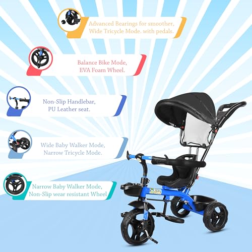 Image of BABY SMILE 4-in-1 Kids Tricycle with Adjustable Canopy, Parent Push Handle, Red and White (Blue Black)