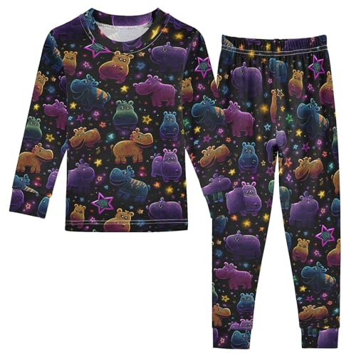 Pajama Sets Long Sleeve Colorful Hippo Star Background Soft Comfy Sleepwear 2 Piece PJS 3-8T