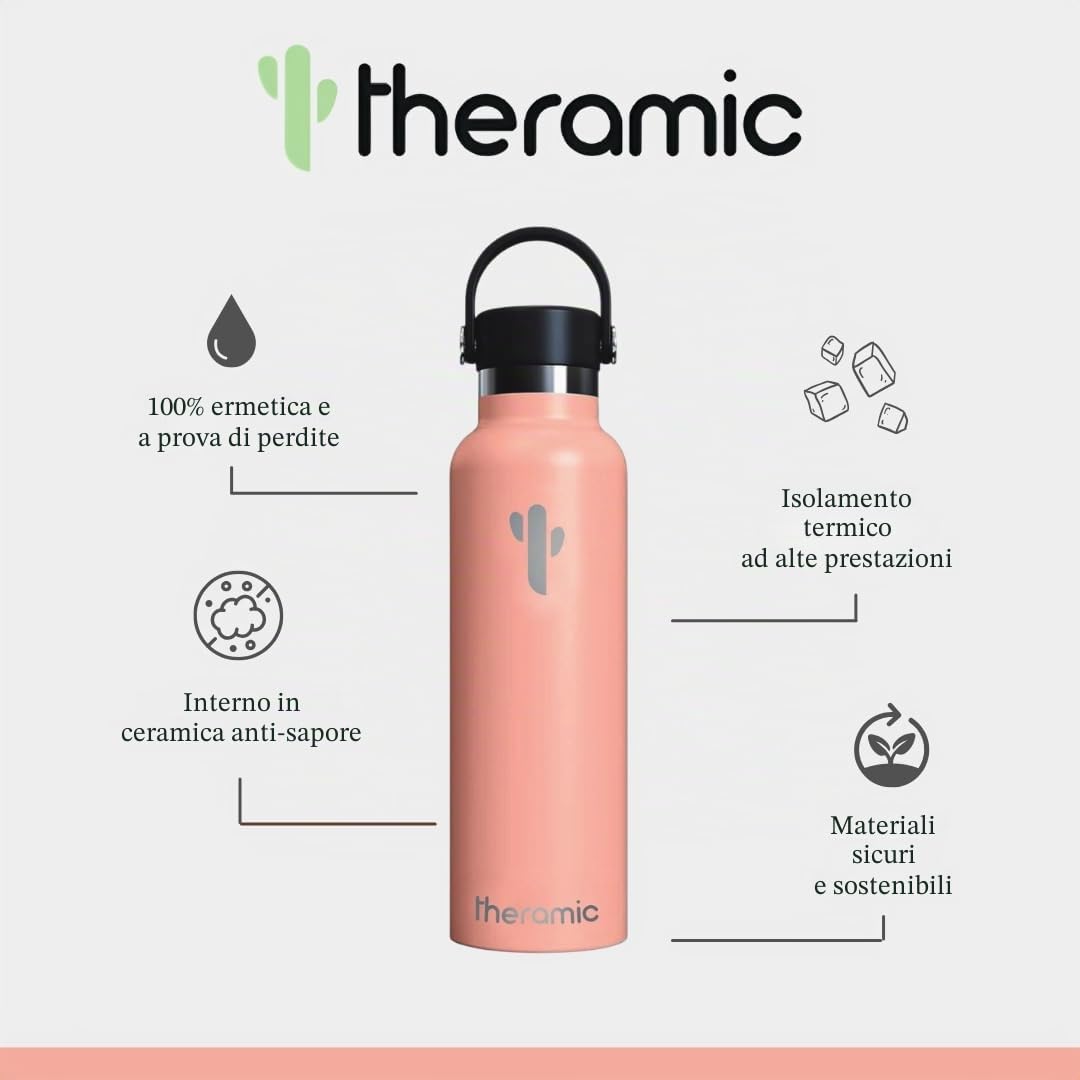 Borraccia Termica da 600 ml in Acciaio Inox con doppia parete esterna e rivestimento interno in ceramica. Colore rosa.