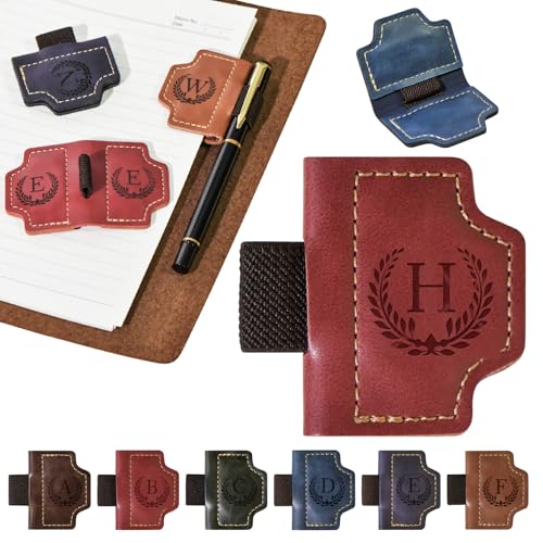 Personalized Magnetic Leather Bookmark with Pen Holder, 26 Letters Magnetic Leather Book Mark, for Readers, Travelers, Teachers, Book Lovers Gifts, Notebook Accessories (Red, H)