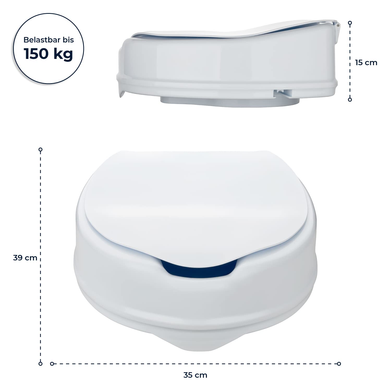 flexilife Toilettensitzerhöhung mit Deckel für Senioren - wahlweise 10cm o. 15cm - WC Sitzerhöhung Toilettenaufsatz Toilettenerhöhung (15 cm)