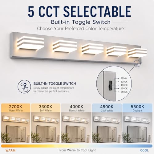 Image of Yumecrelect 5-Light Brushed Nickel Vanity Light Fixture, 34 Inch 40W 5CCT Dimmable LED Bathroom Wall Light with Clear Acrylic Shade, Hardwired Over Mirror Lighting for Master Bath