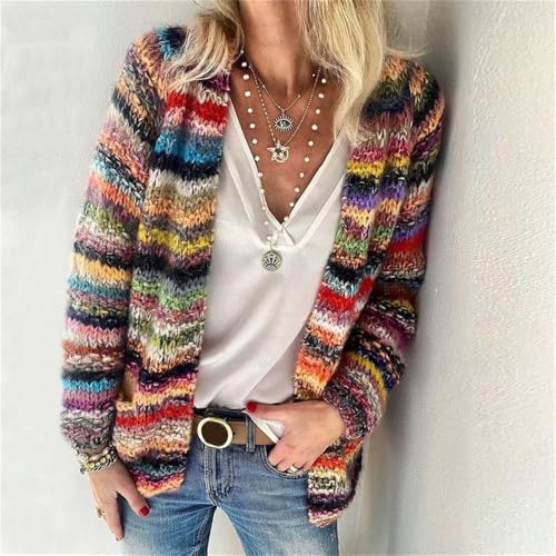 Godoboo Damen Strickjacke Regenbogen Cardigan Pullover Winter Strickpullover Elegant Offen Langarm Outwear Strickmantel Warm Strickpullover Herbst Winter Strickcardigan
