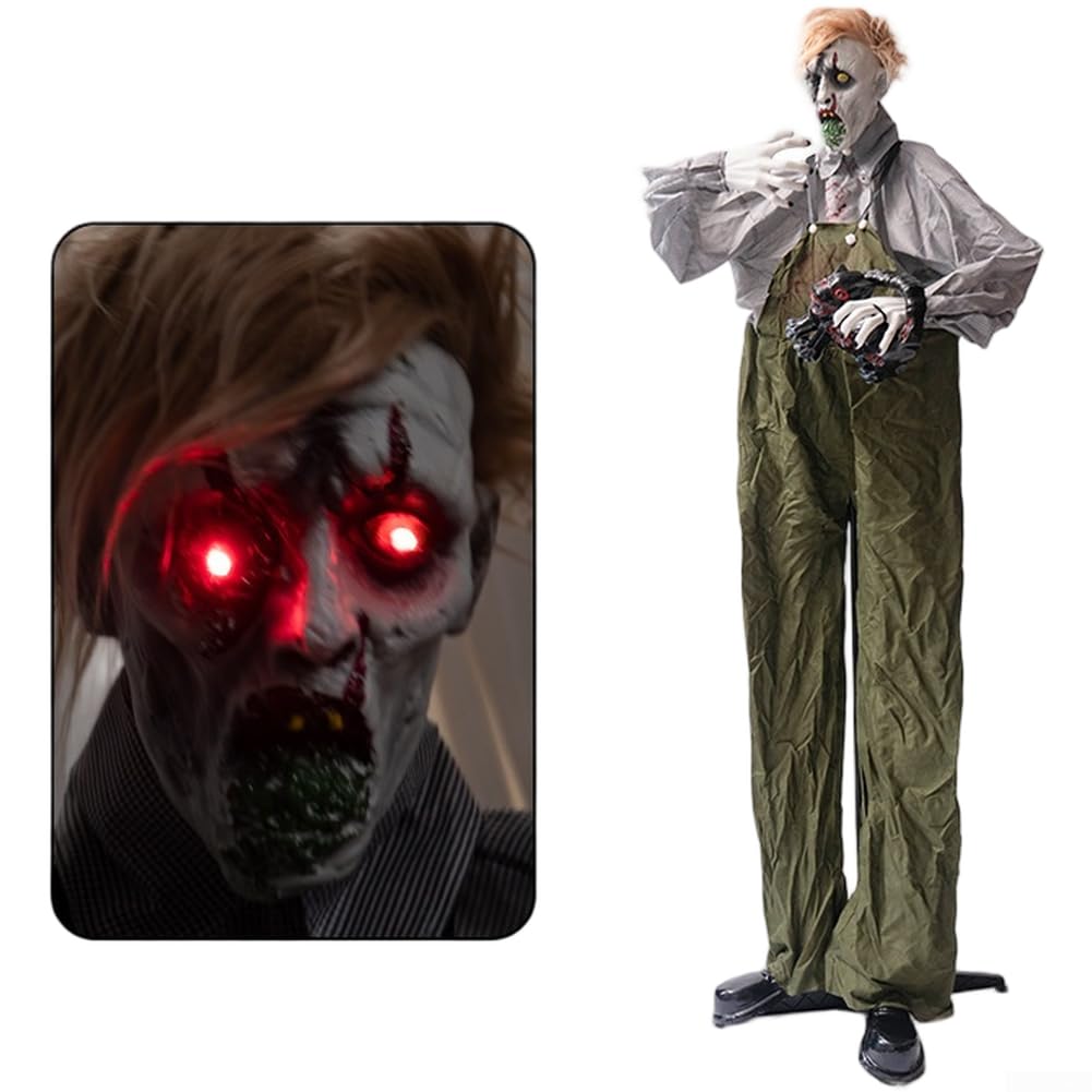 Zombi animado de Halloween con sensor de movimiento, figura de terror de cabeza giratoria de 190 cm de alto, ojos brillantes y efectos de sonido espeluznantes, tamaño real para decoración de patio al