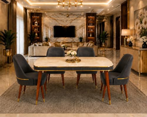 Image of WOODEN SPACE 4 Seater Wooden Dining Table Set | Urban Marble Top Dining Table with Chairs for Dining Room & Kitchen (Modern Grand Aura Dark Grey) (54 x 36 x 30 inch)