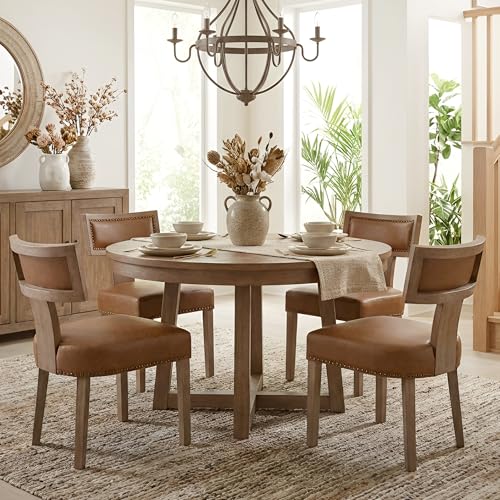 Image of HNY Mid Century Modern Dining Chairs Set of 4, Farmhouse PU Leather Upholstered Accent Chairs Curved Nailhead Trim Backrest Kitchen Chairs, with Hardwood Frame, Brown