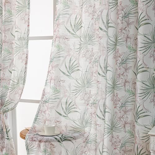 Image of SUOUO Green Tropical Palm Leaf Semi Sheer Curtains 84 inches Long Linen Textured for Living Room Patterned Red Floral Window Drapes for Dining Bedroom 2 Panels