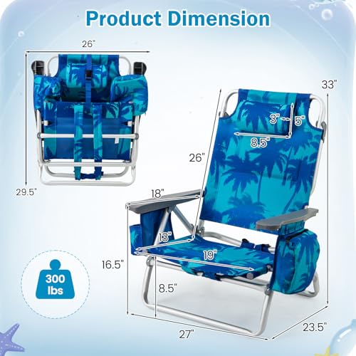 Image of Giantex Folding Beach Chair, Patio Sling Chairs with 5 Adjustable Position, Head Pillow, Storage Bag, Towel Bar, Cup Holders, Backpack Chairs for Sunbathing, Camping Chair
