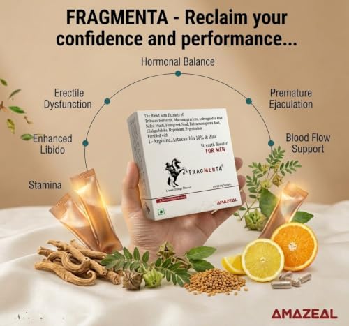 Image of FRAGMENTA Strength Booster Supplement for Men | L-Arginine, Ashwagandha, Safed Musli, Gokhru, Zinc | Strength, Stamina & Energy Booster | 10 Sachets, Lemon Orange Flavour, Sugar Free
