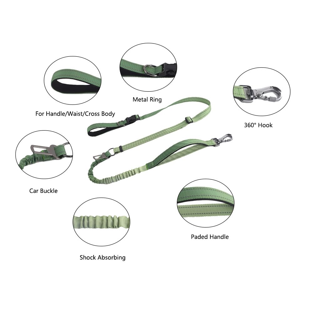 Correa de perro manos libres con costuras reflectantes, resistente y elástica con cinturón de seguridad para coche, correas de cintura ajustables para caminar, correr, senderismo (verde-1)