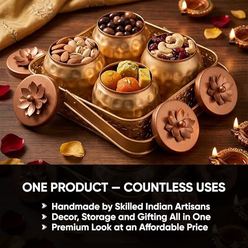Image of Sanvatsar Square Shape Metal Basket with Jar Tray 4 Copper Flower Container Dry Fruits Chocolate Sweets Candys Gifts Set for Office, Home Decor Table Decoration Item (Pack of 4)