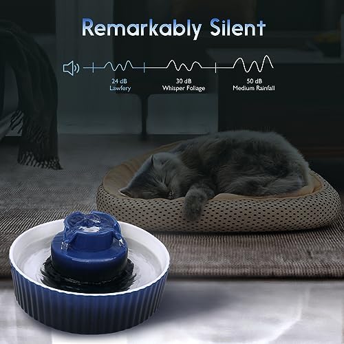 Image of Lawfery Ceramic Cat Water Fountain, 2.1L /71oz, Cat & Dog Fountain with 3 Carbon Filters and 2 Water Pumps, Dark Blue