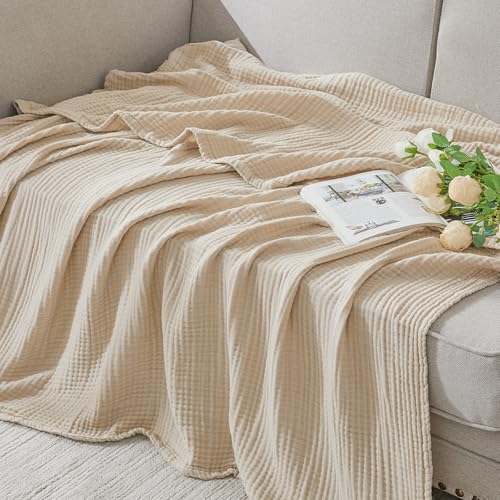 EMME Cotton Muslin Throw Blanket Couch Breathable Gauze Soft Lightweight Bed Blankets Adults (Beige, 50"x60")