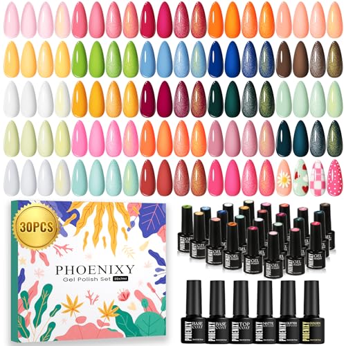 phoenixy 30 PCS Gel Nail Polish, 24 Colors Soak Off Gel Nail Polish Set Pink Blue with Base Matte...