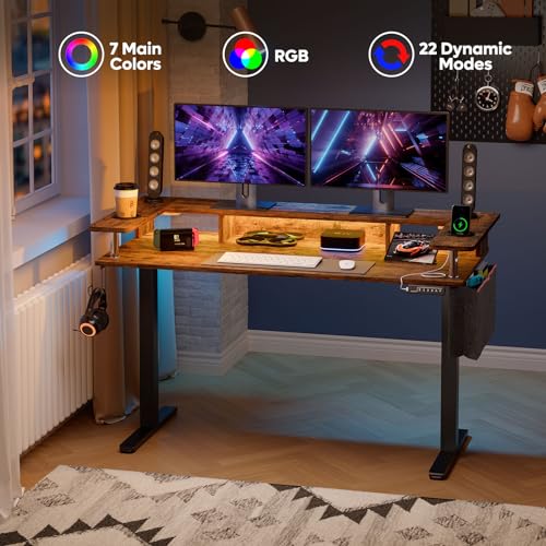 Bestier LED Electric Standing Desk Adjustable Height, 58x26 Inch Large Sit Stand Desk with Monitor Stand, Ergonomic Rising Desk for Home Office Workstation, Headphone Hook Storage Bag Brown - Image 6