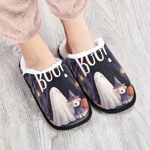Halloween Pumpkin Ghosts Black Dog Slippers For Women Men Soft Memory Foam Non-Slip Hallowmas Winter Indoor House Shoes Travel Slipper4