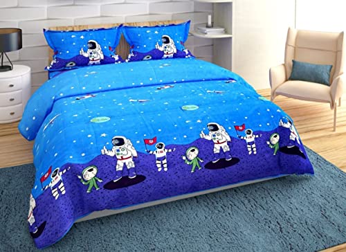 Image of Kids Space Astronaut Design Queen Size Elastic Fitted Bedsheet for Kids Room, Bedroom, Living Room, 90x100 inches, Set of 1 pc of Bedsheet & 2 Pillow Covers, Blue