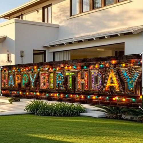 Image of Nuxovilar Birthday Yard Banner Stained Glass Wall 78.7x17.7 Polyester | Yard poster photo background outdoor sign birthday banner fence garden porch (Stained Glass)