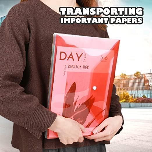 Image of Transparent Document Folder - Side Opening Colored Poly-Plastic File Storage Bag with Snap Button - A4 & Legal Size Document Folder for Certificates, Plastic File Organizer - Set of 5